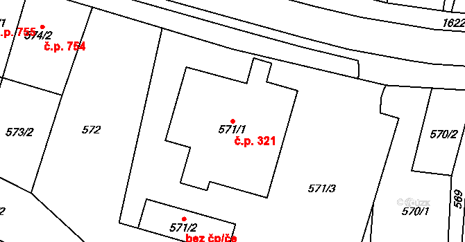 Drnovice 321 na parcele st. 571/1 v KÚ Drnovice u Vyškova, Katastrální mapa
