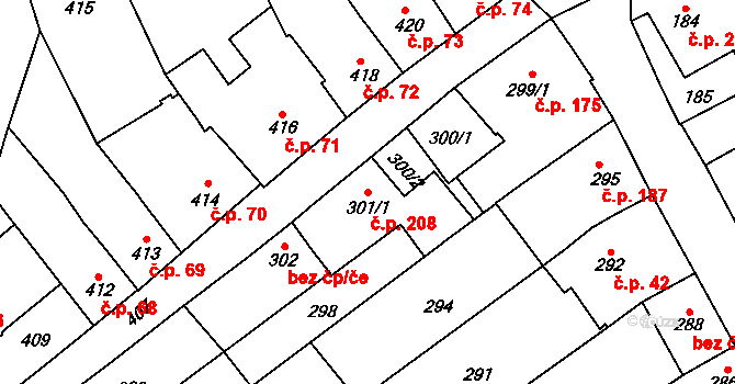 Velešovice 208 na parcele st. 301/1 v KÚ Velešovice, Katastrální mapa