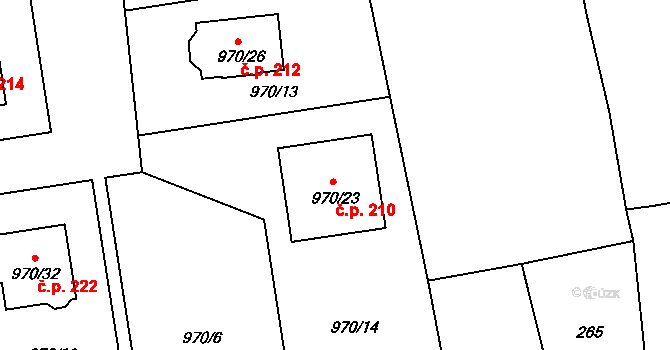 Meclov 210 na parcele st. 970/23 v KÚ Meclov, Katastrální mapa