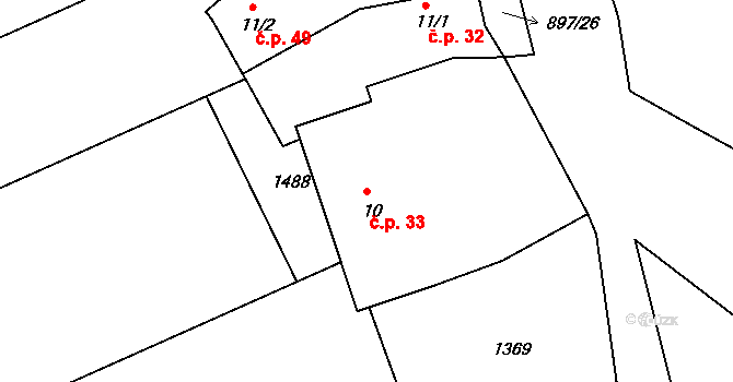 Svučice 33, Mišovice na parcele st. 10 v KÚ Svučice, Katastrální mapa