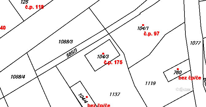 Psáry 175 na parcele st. 104/3 v KÚ Psáry, Katastrální mapa