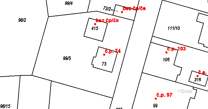 Chotoviny 74 na parcele st. 73 v KÚ Chotoviny, Katastrální mapa