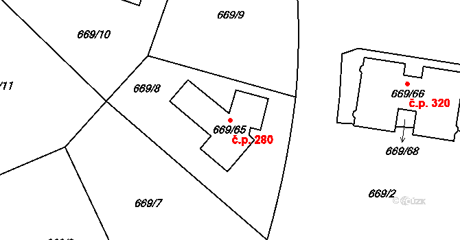 Chlebičov 280 na parcele st. 669/65 v KÚ Chlebičov, Katastrální mapa