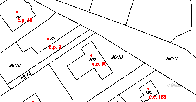 Rounek 50, Vyskytná nad Jihlavou na parcele st. 202 v KÚ Rounek, Katastrální mapa
