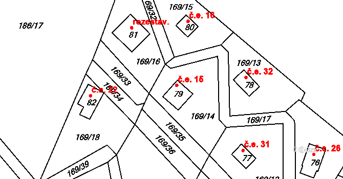 Pivonín 15, Zábřeh na parcele st. 79 v KÚ Pivonín, Katastrální mapa