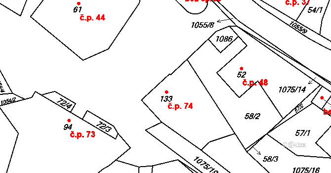 Postřelmůvek 74 na parcele st. 133 v KÚ Postřelmůvek, Katastrální mapa