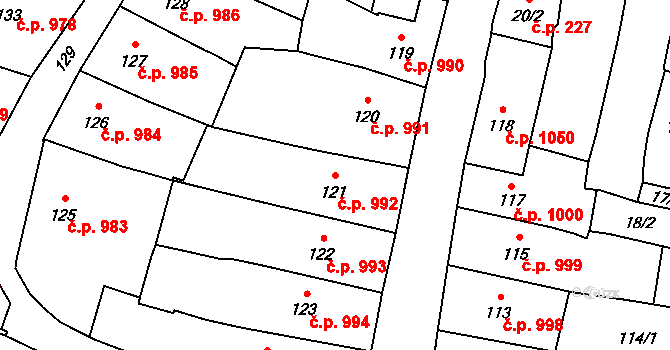 Mohelnice 992 na parcele st. 121 v KÚ Mohelnice, Katastrální mapa