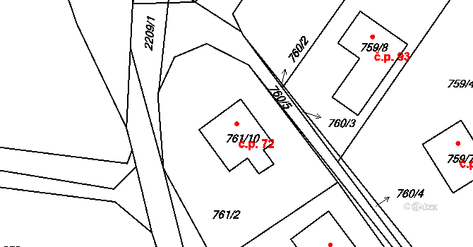 Mříč 72, Křemže na parcele st. 761/10 v KÚ Křemže, Katastrální mapa