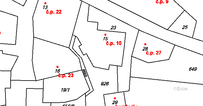 Nuzín 10, Čestice na parcele st. 15 v KÚ Nuzín, Katastrální mapa