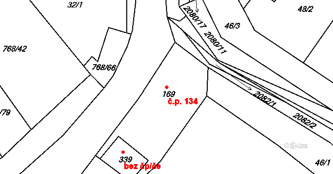 Merklín 134 na parcele st. 169 v KÚ Merklín u Přeštic, Katastrální mapa