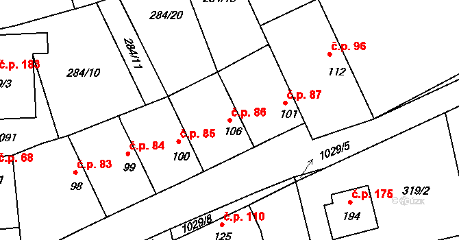 Veltěže 86 na parcele st. 106 v KÚ Veltěže, Katastrální mapa