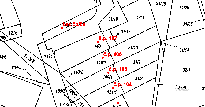 Bačetín 106 na parcele st. 149/1 v KÚ Bačetín, Katastrální mapa