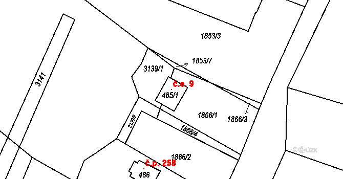 Opatovec 9 na parcele st. 485/1 v KÚ Opatovec, Katastrální mapa