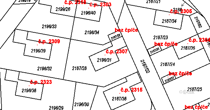 Bolevec 2307, Plzeň na parcele st. 2196/31 v KÚ Bolevec, Katastrální mapa