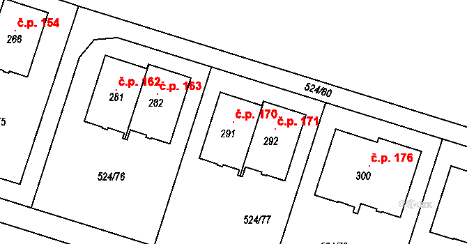 Dlouhá Lhota 170 na parcele st. 291 v KÚ Dlouhá Lhota u Dobříše, Katastrální mapa