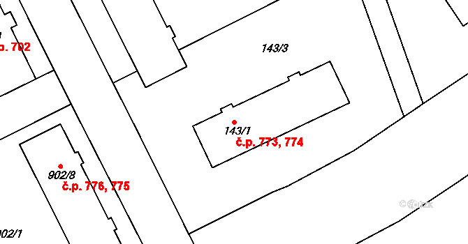 Dobruška 773,774 na parcele st. 143/1 v KÚ Dobruška, Katastrální mapa