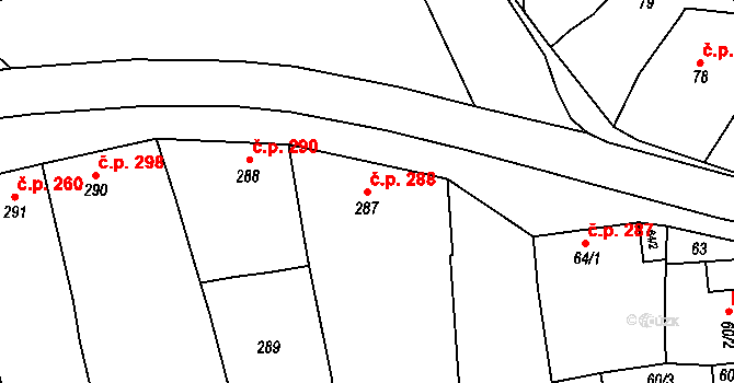 Borkovany 288 na parcele st. 287 v KÚ Borkovany, Katastrální mapa
