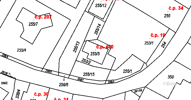Popůvky 480 na parcele st. 253/3 v KÚ Popůvky u Brna, Katastrální mapa