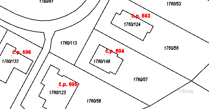 Drnholec 694 na parcele st. 1760/149 v KÚ Drnholec, Katastrální mapa