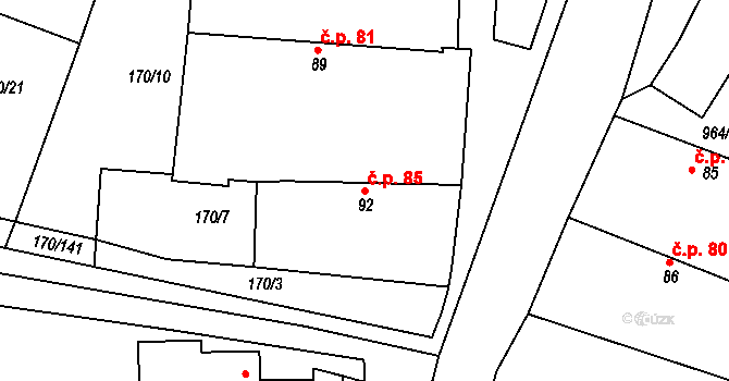 Hořátev 85 na parcele st. 92 v KÚ Hořátev, Katastrální mapa