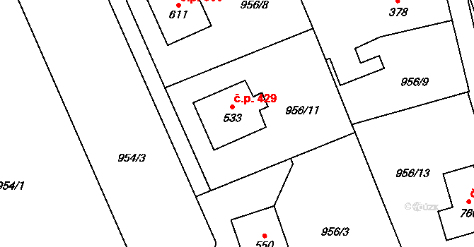 Hrádek 429 na parcele st. 533 v KÚ Hrádek, Katastrální mapa