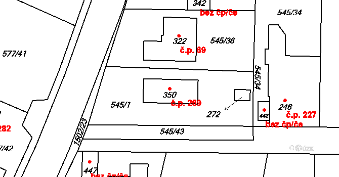 Tetín 269 na parcele st. 350 v KÚ Tetín u Berouna, Katastrální mapa