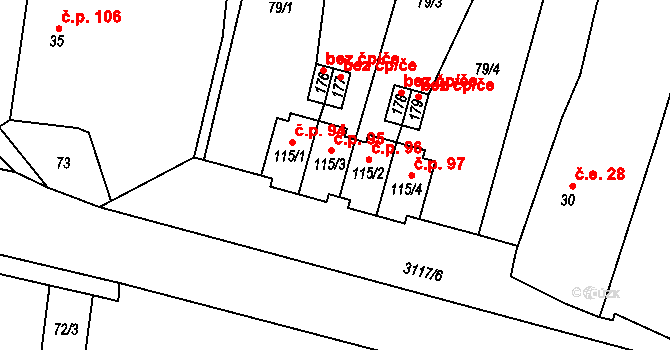 Damnov 95, Bor na parcele st. 115/3 v KÚ Damnov, Katastrální mapa