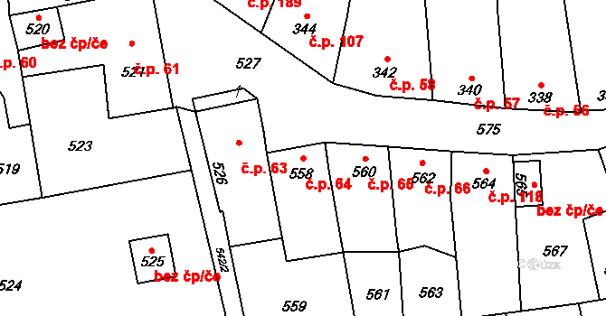 Grygov 64 na parcele st. 558 v KÚ Grygov, Katastrální mapa
