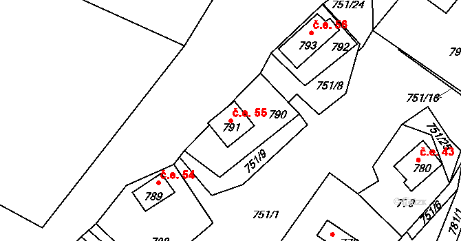 Prunéřov 55, Kadaň na parcele st. 791 v KÚ Prunéřov, Katastrální mapa