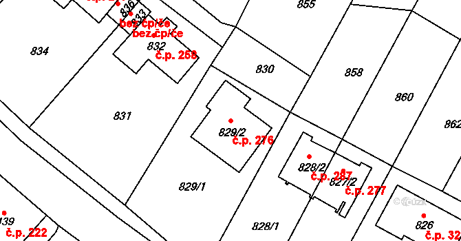 Bystřany 276 na parcele st. 829/2 v KÚ Bystřany, Katastrální mapa