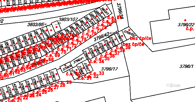 Teplice 36 na parcele st. 3796/4 v KÚ Teplice, Katastrální mapa