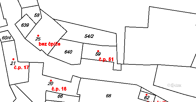 Miletice 51, Dlažov na parcele st. 59 v KÚ Miletice u Dlažova, Katastrální mapa