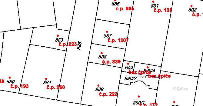Žižkov 839, Praha na parcele st. 888 v KÚ Žižkov, Katastrální mapa