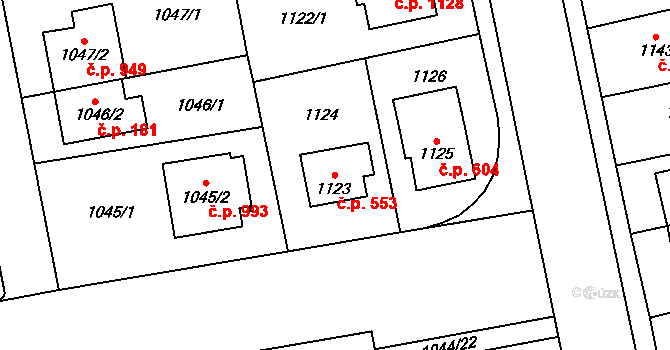 Chodov 553, Praha na parcele st. 1123 v KÚ Chodov, Katastrální mapa