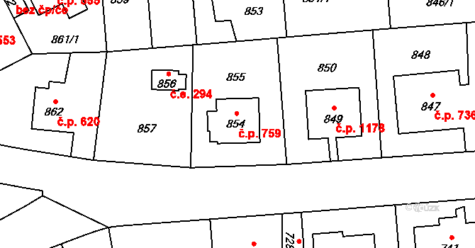 Kyje 759, Praha na parcele st. 854 v KÚ Kyje, Katastrální mapa