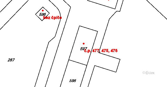 Lazce 475,476,477, Olomouc na parcele st. 597 v KÚ Lazce, Katastrální mapa