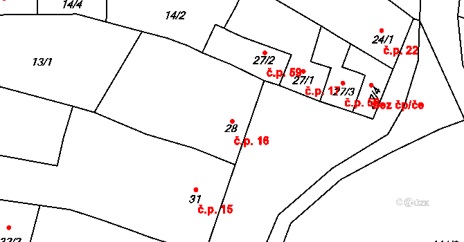 Krasice 16, Prostějov na parcele st. 28 v KÚ Krasice, Katastrální mapa