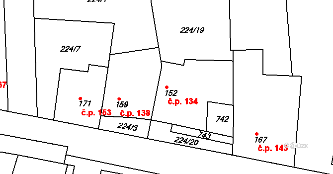 Konárovice 134 na parcele st. 152 v KÚ Konárovice, Katastrální mapa