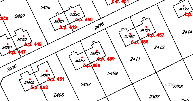 Prostřední Suchá 459, Havířov na parcele st. 2407/1 v KÚ Prostřední Suchá, Katastrální mapa