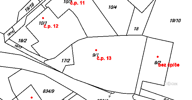 Malšovice 13 na parcele st. 9/1 v KÚ Malšovice, Katastrální mapa
