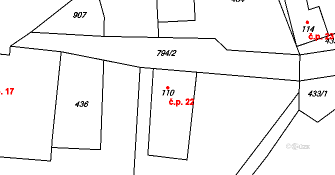 Maníkovice 22, Ptýrov na parcele st. 110 v KÚ Ptýrov, Katastrální mapa