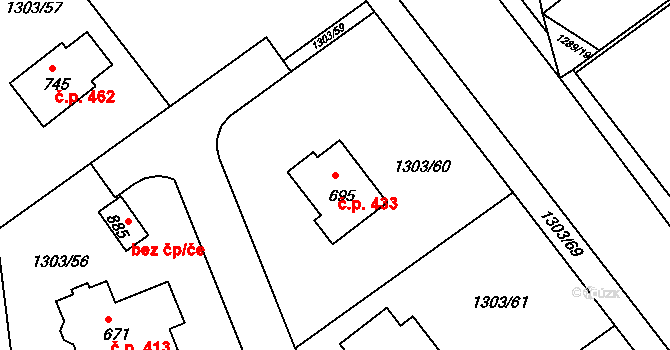 Doksy 433 na parcele st. 695 v KÚ Doksy u Kladna, Katastrální mapa