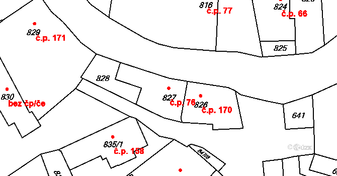Slušovice 76 na parcele st. 827 v KÚ Slušovice, Katastrální mapa