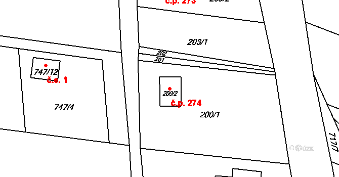 Suché Lazce 274, Opava na parcele st. 200/2 v KÚ Suché Lazce, Katastrální mapa