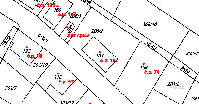 Velký Dřevíč 107, Hronov na parcele st. 134 v KÚ Velký Dřevíč, Katastrální mapa