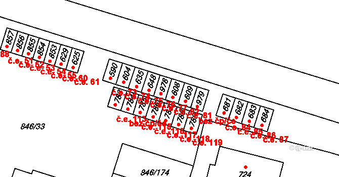 Lysice 82 na parcele st. 608 v KÚ Lysice, Katastrální mapa