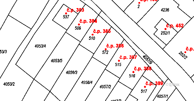 Boleradice 386 na parcele st. 572 v KÚ Boleradice, Katastrální mapa