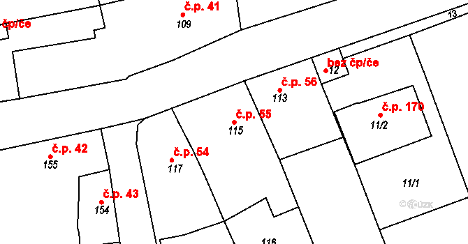 Alojzov 55 na parcele st. 115 v KÚ Alojzov u Prostějova, Katastrální mapa