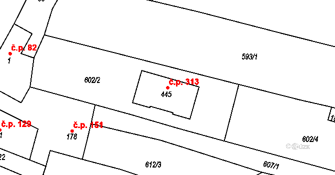 Bohutice 313 na parcele st. 445 v KÚ Bohutice, Katastrální mapa