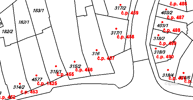 Kyjov 457 na parcele st. 316 v KÚ Kyjov, Katastrální mapa
